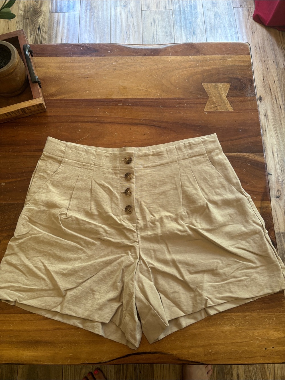 LOFT High-Waist Button-Front Beige Shorts